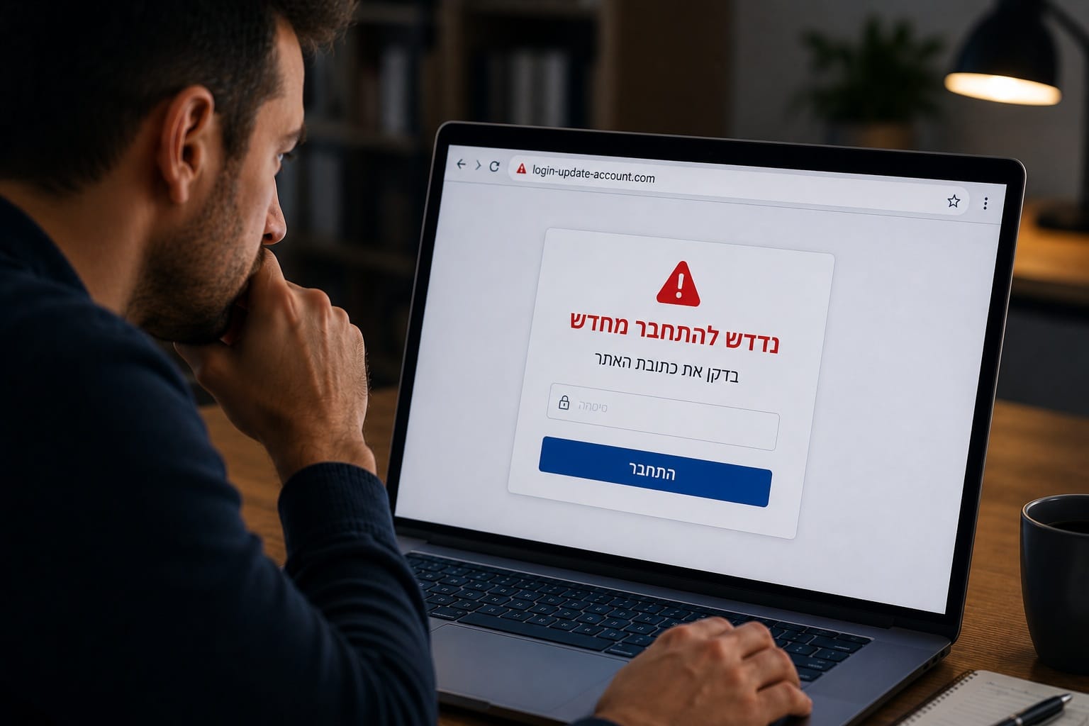 משתמש בודק הודעת התחברות מחדש באתר פיננסי החשוד כהתחזות