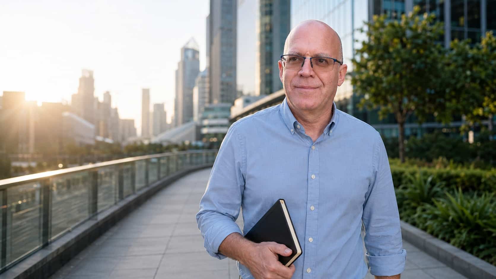 שמואל פיקסמן צועד קדימה בעיר מודרנית עם מחברת תכנון, כסמל לתכנון פיננסי ארוך טווח בעידן ה־AI