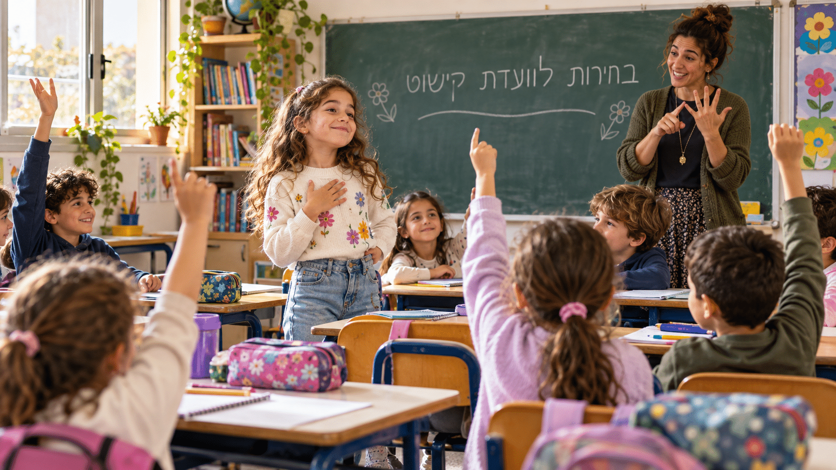 תלמידי כיתה ג׳ מצביעים בבחירות לוועדת קישוט, והמורה סופרת את הידיים המורמות.