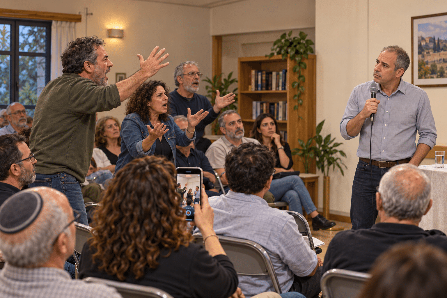 אילוסטרציה של אזרחים המוחים מול מועמד בכינוס בחירות קטן, בזמן שאחת המשתתפות מצלמת בטלפון.