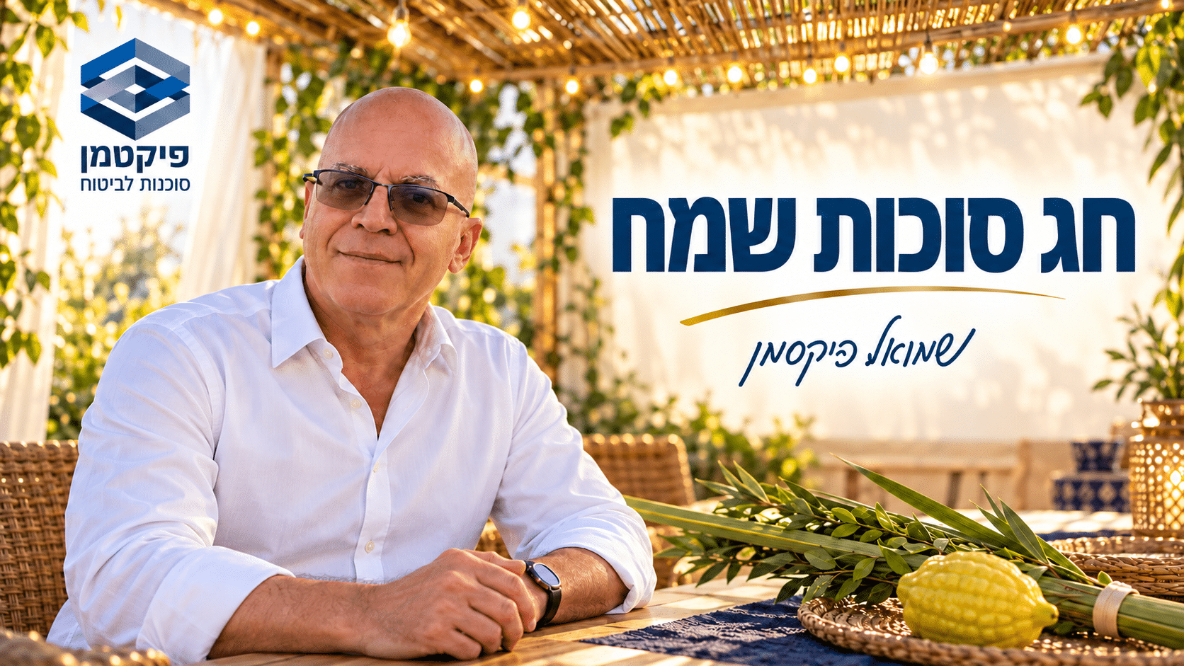 שמואל פיקסמן מברך בחג סוכות שמח, על רקע סוכה וארבעת המינים