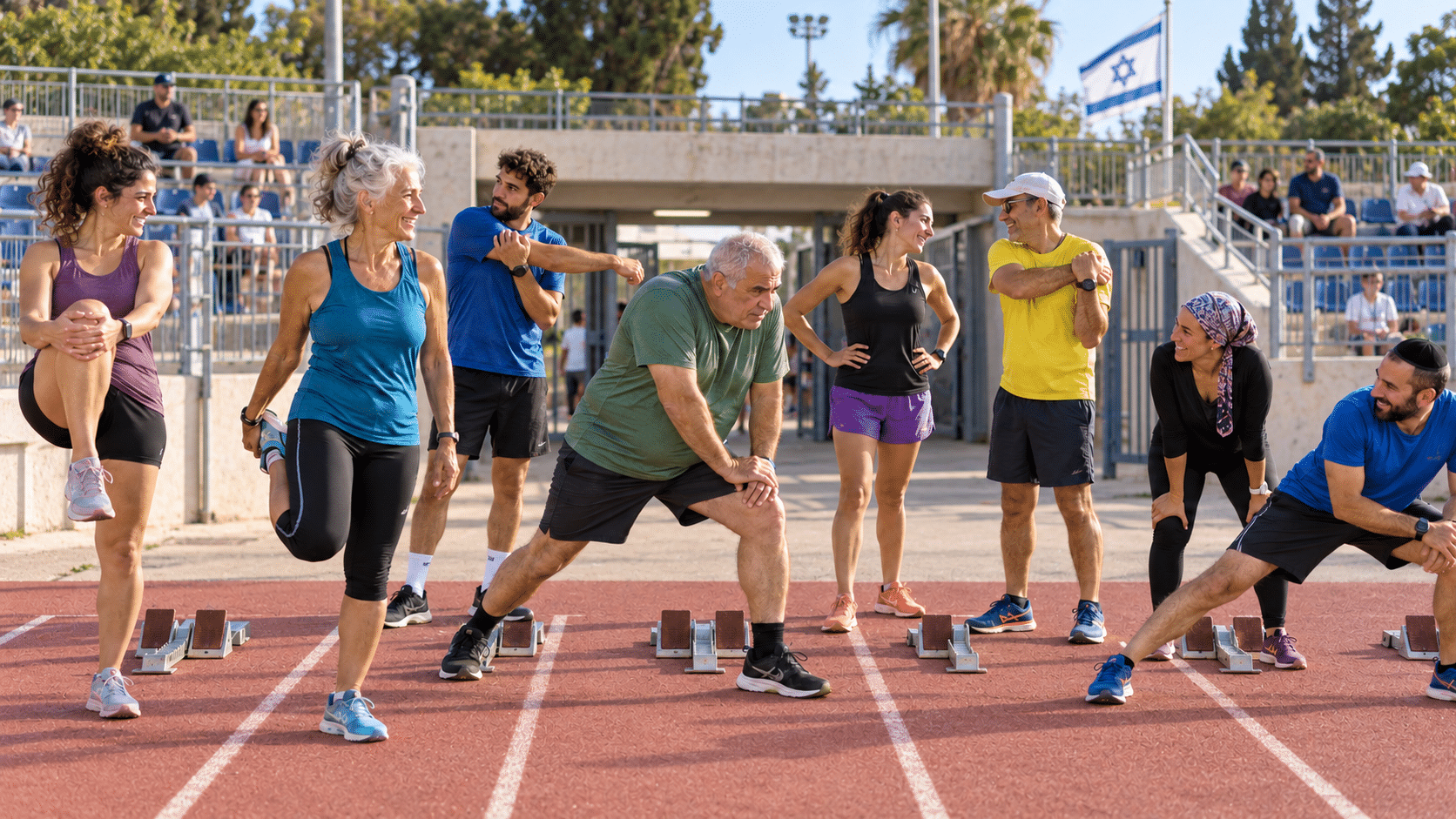 נשים וגברים בגילים שונים עושים מתיחות ליד עמדות הזינוק באצטדיון, עם קהל ודגל ישראל ברקע